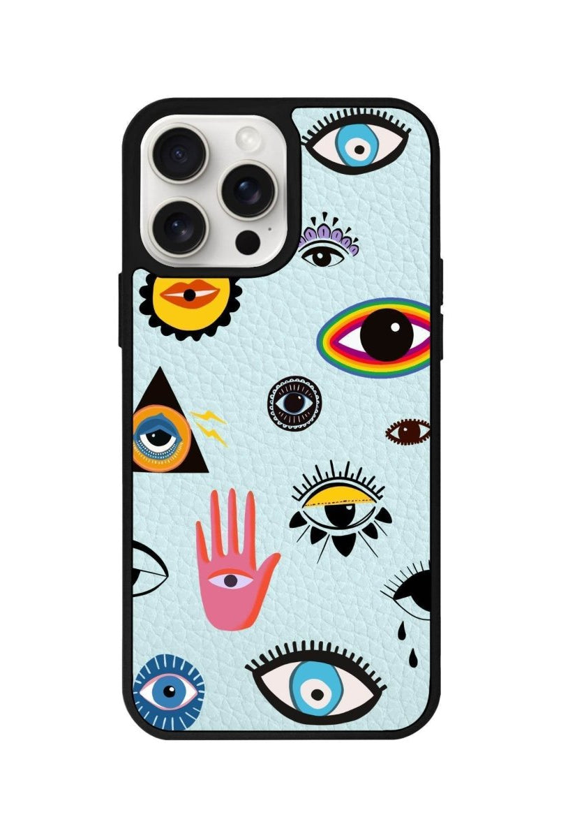 iPhone 14 Plus Eye Stickers Leather Vegan Deri Telefon Kılıfı Açık Mavi - SUMTHINCS