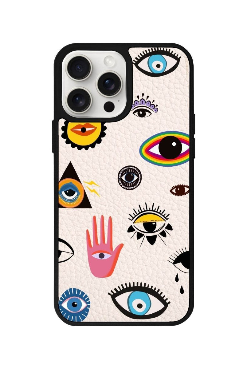 iPhone 14 Plus Eye Stickers Leather Vegan Deri Telefon Kılıfı Bej - SUMTHINCS