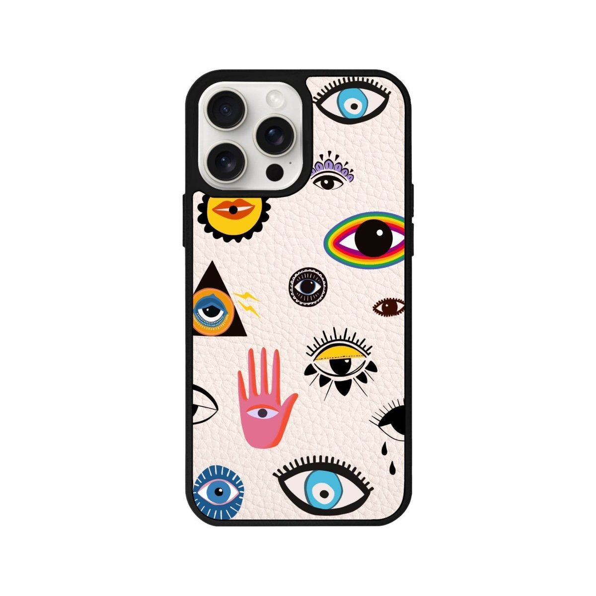 iPhone 14 Plus Eye Stickers Leather Vegan Deri Telefon Kılıfı Bej - SUMTHINCS