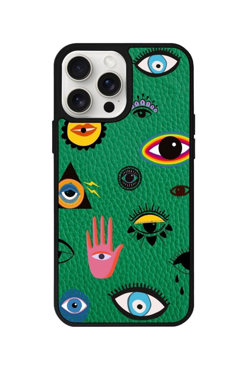 iPhone 14 Plus Eye Stickers Leather Vegan Deri Telefon Kılıfı Yeşil - SUMTHINCS
