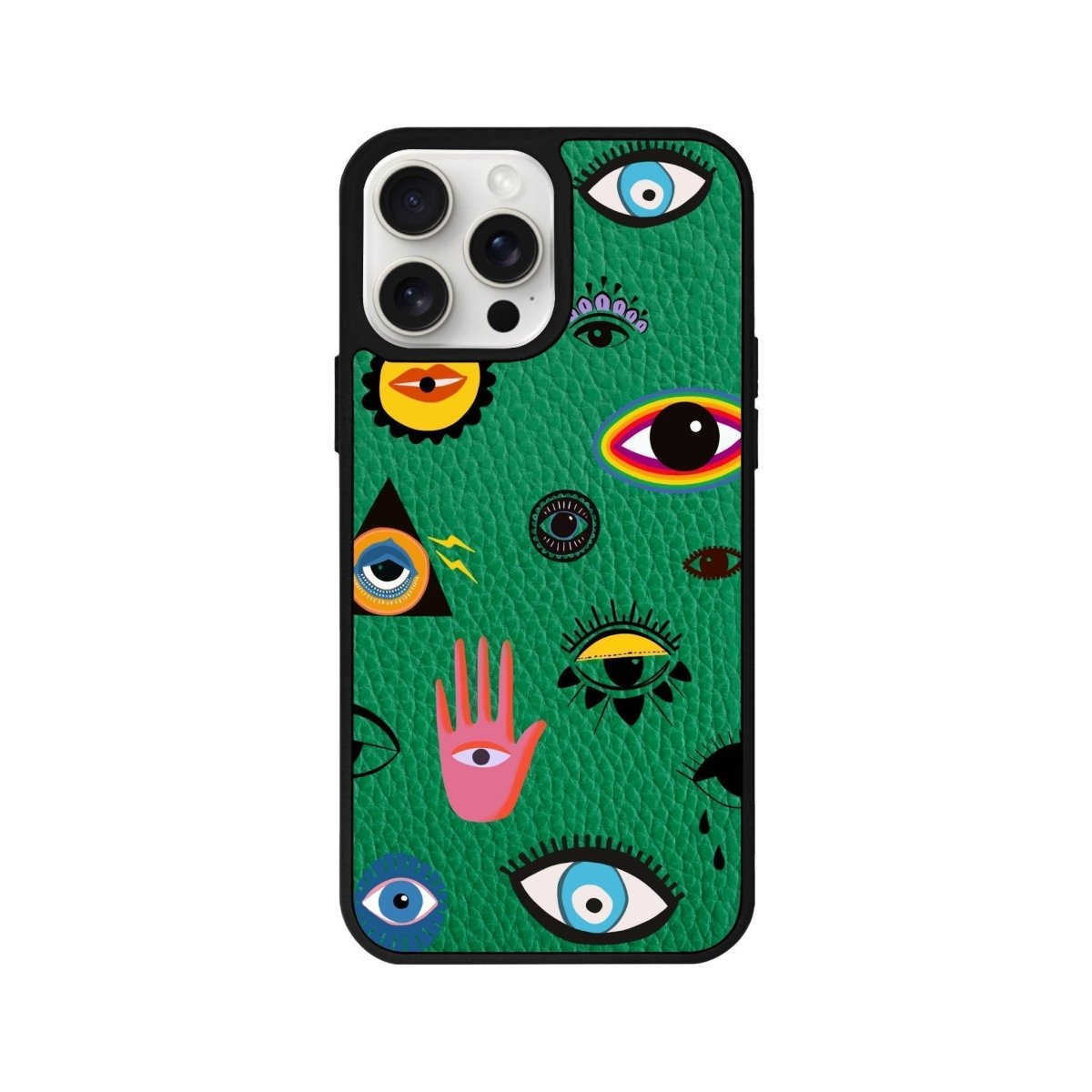 iPhone 14 Plus Eye Stickers Leather Vegan Deri Telefon Kılıfı Yeşil - SUMTHINCS