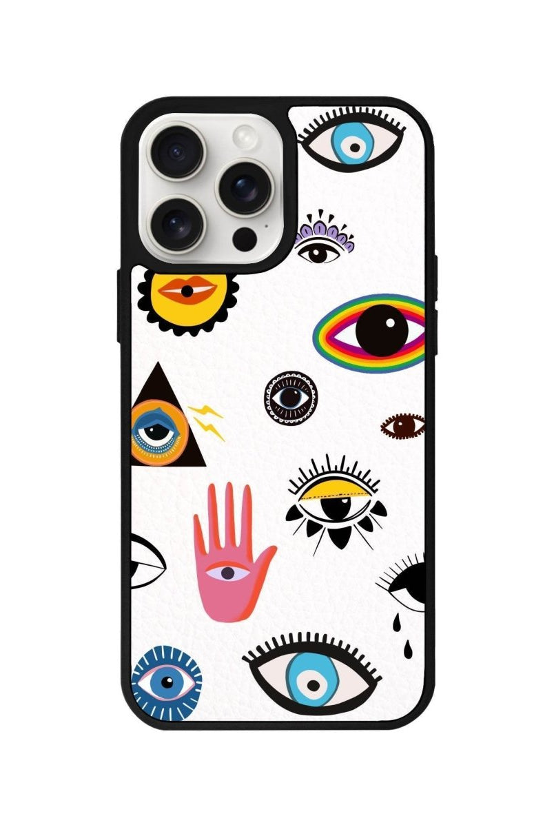 iPhone 14 Plus Eye Stickers Leather Vegan Deri Telefon Kılıfı Beyaz - SUMTHINCS