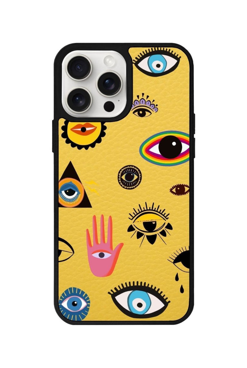 iPhone 14 Plus Eye Stickers Leather Vegan Deri Telefon Kılıfı Sarı - SUMTHINCS