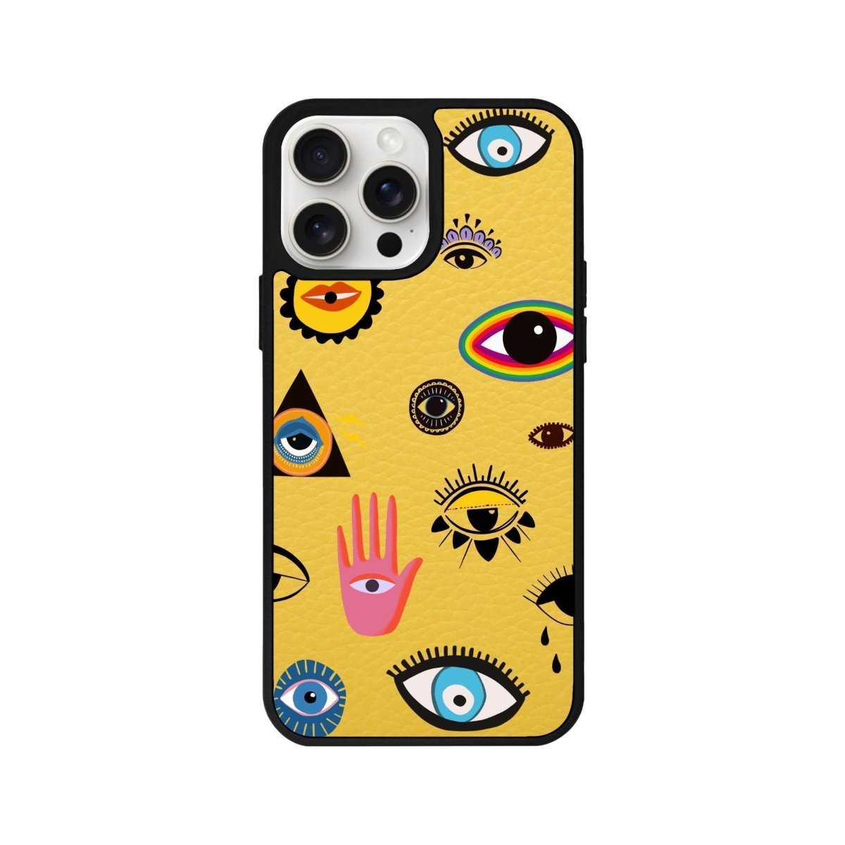 iPhone 14 Plus Eye Stickers Leather Vegan Deri Telefon Kılıfı Sarı - SUMTHINCS