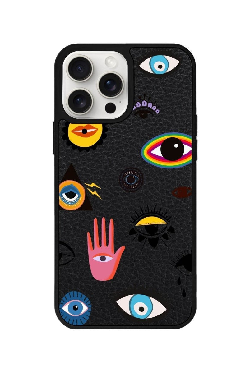 iPhone 14 Plus Eye Stickers Leather Vegan Deri Telefon Kılıfı Siyah - SUMTHINCS