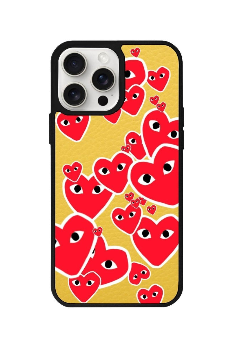 iPhone 14 Plus Hearts Leather Vegan Deri Telefon Kılıfı Sarı - SUMTHINCS