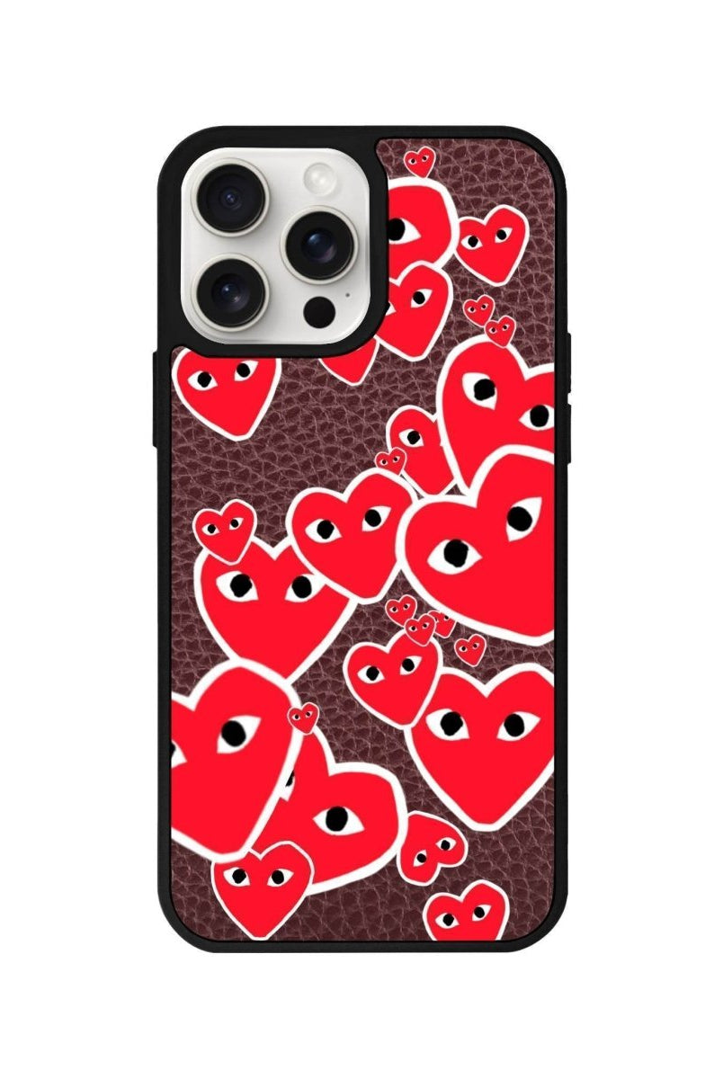 iPhone 14 Plus Hearts Leather Vegan Deri Telefon Kılıfı Bordo - SUMTHINCS