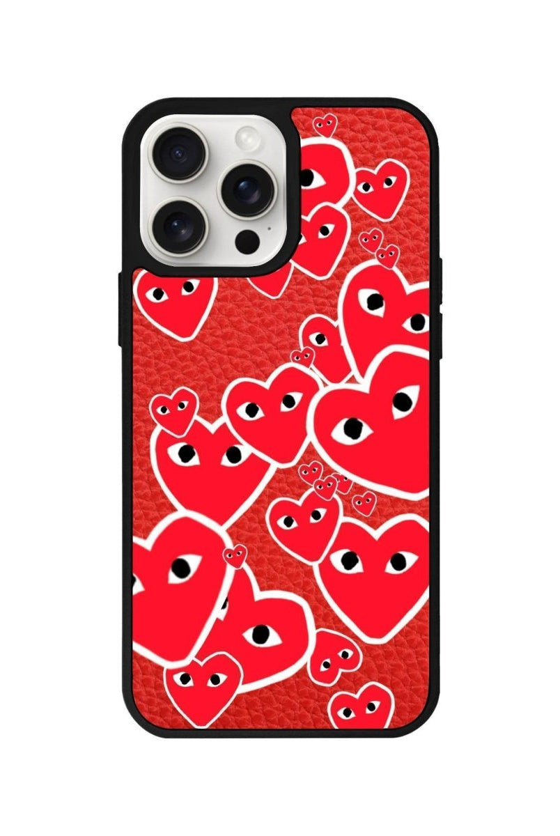 iPhone 14 Plus Hearts Leather Vegan Deri Telefon Kılıfı Kırmızı - SUMTHINCS