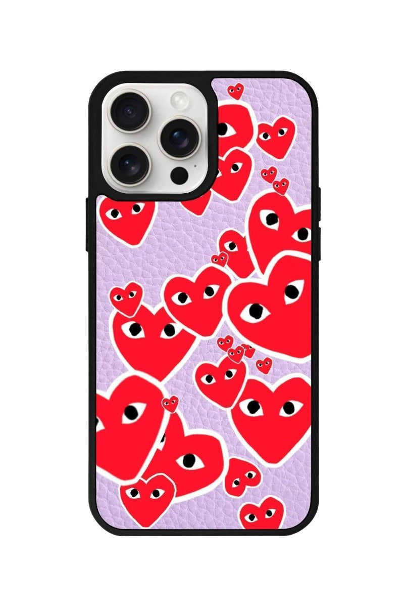 iPhone 14 Plus Hearts Leather Vegan Deri Telefon Kılıfı Lila - SUMTHINCS