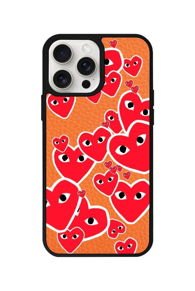 iPhone 14 Plus Hearts Leather Vegan Deri Telefon Kılıfı Turuncu - SUMTHINCS