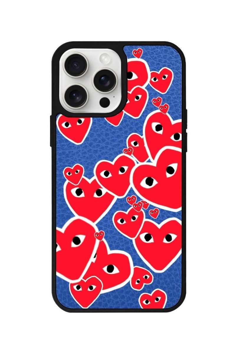 iPhone 14 Plus Hearts Leather Vegan Deri Telefon Kılıfı Mavi - SUMTHINCS