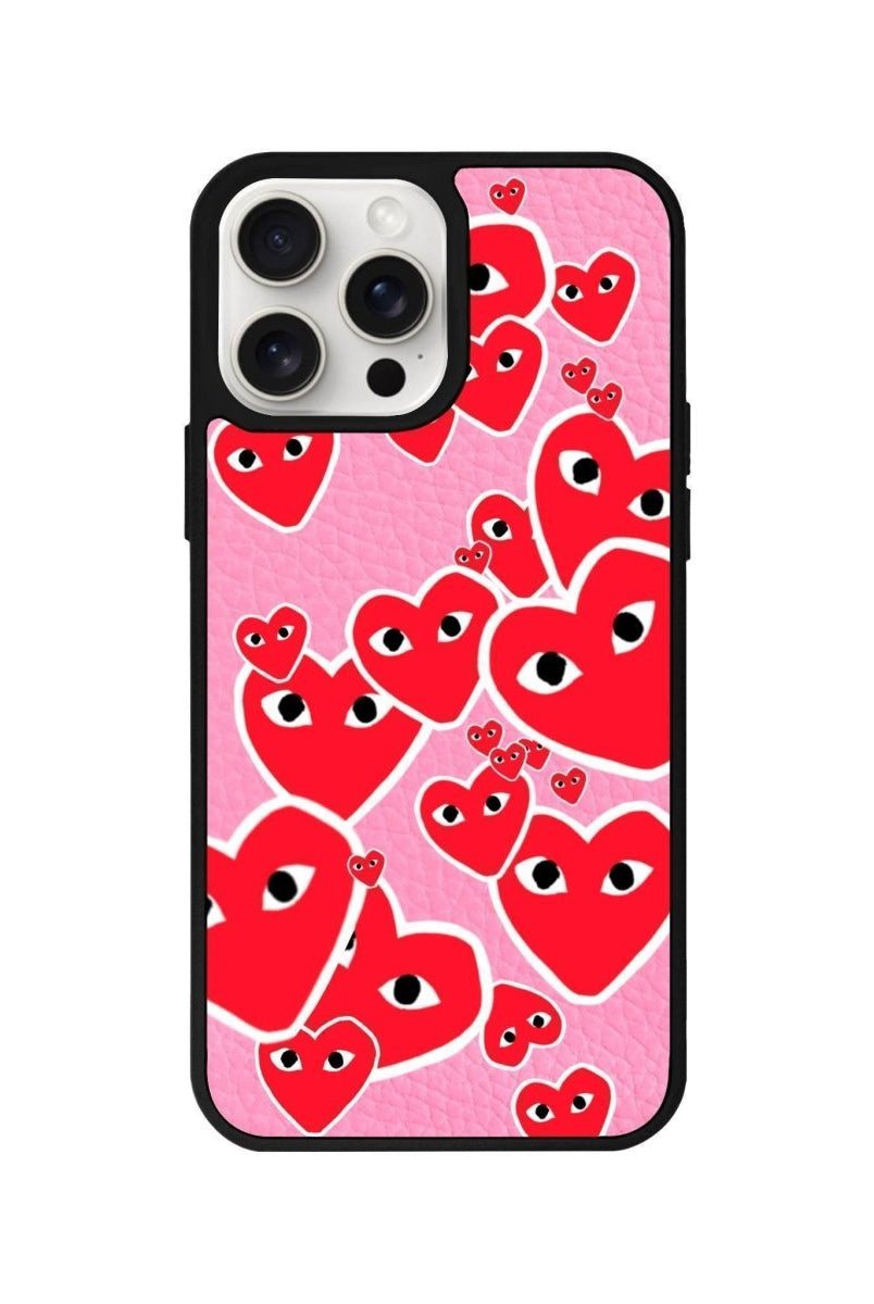 iPhone 14 Plus Hearts Leather Vegan Deri Telefon Kılıfı Pembe - SUMTHINCS