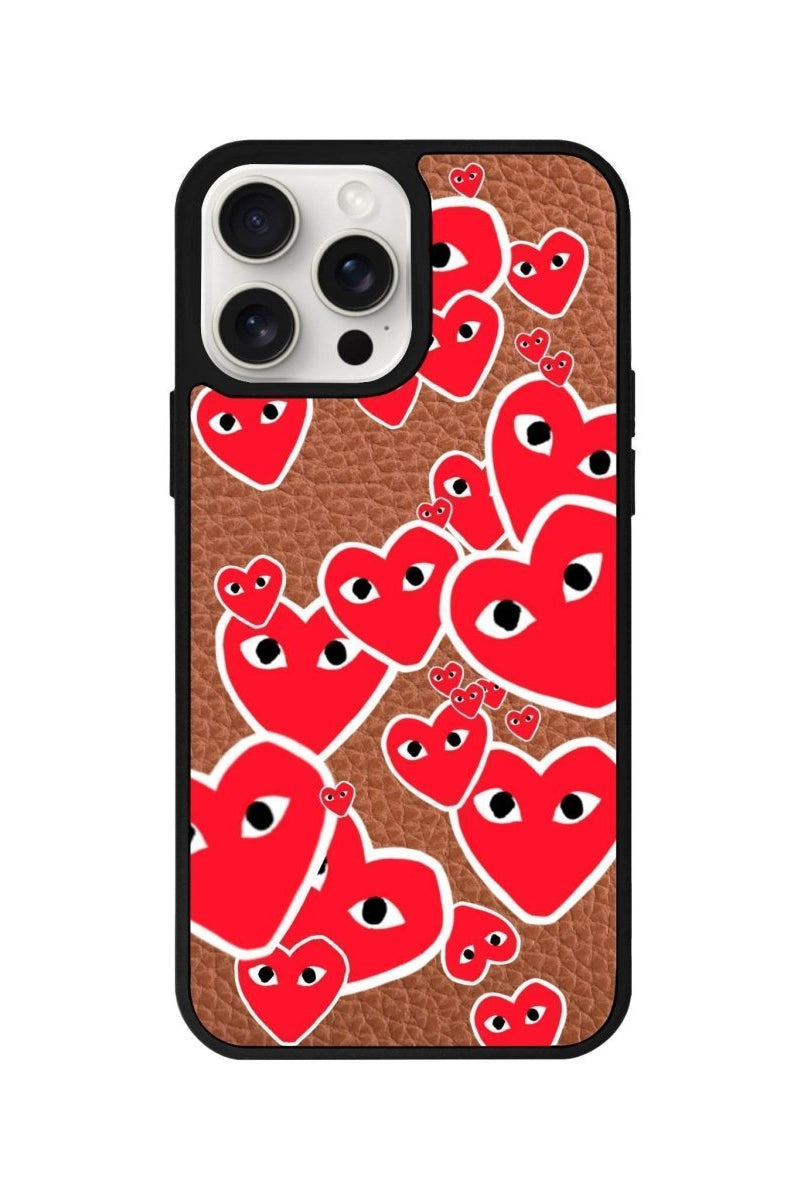 iPhone 14 Plus Hearts Leather Vegan Deri Telefon Kılıfı Kahverengi - SUMTHINCS