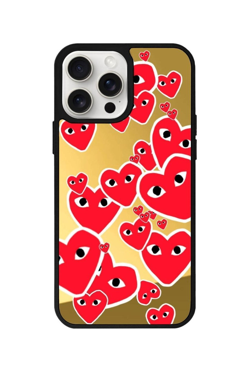 iPhone 14 Plus Hearts Mirror Aynalı Telefon Kılıfı Altın - SUMTHINCS
