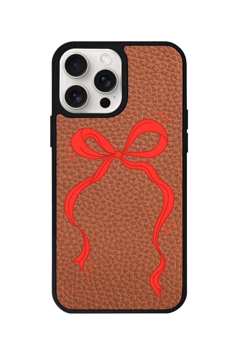 iPhone 14 Plus Red Bow Leather Vegan Deri Telefon Kılıfı Kahverengi - SUMTHINCS