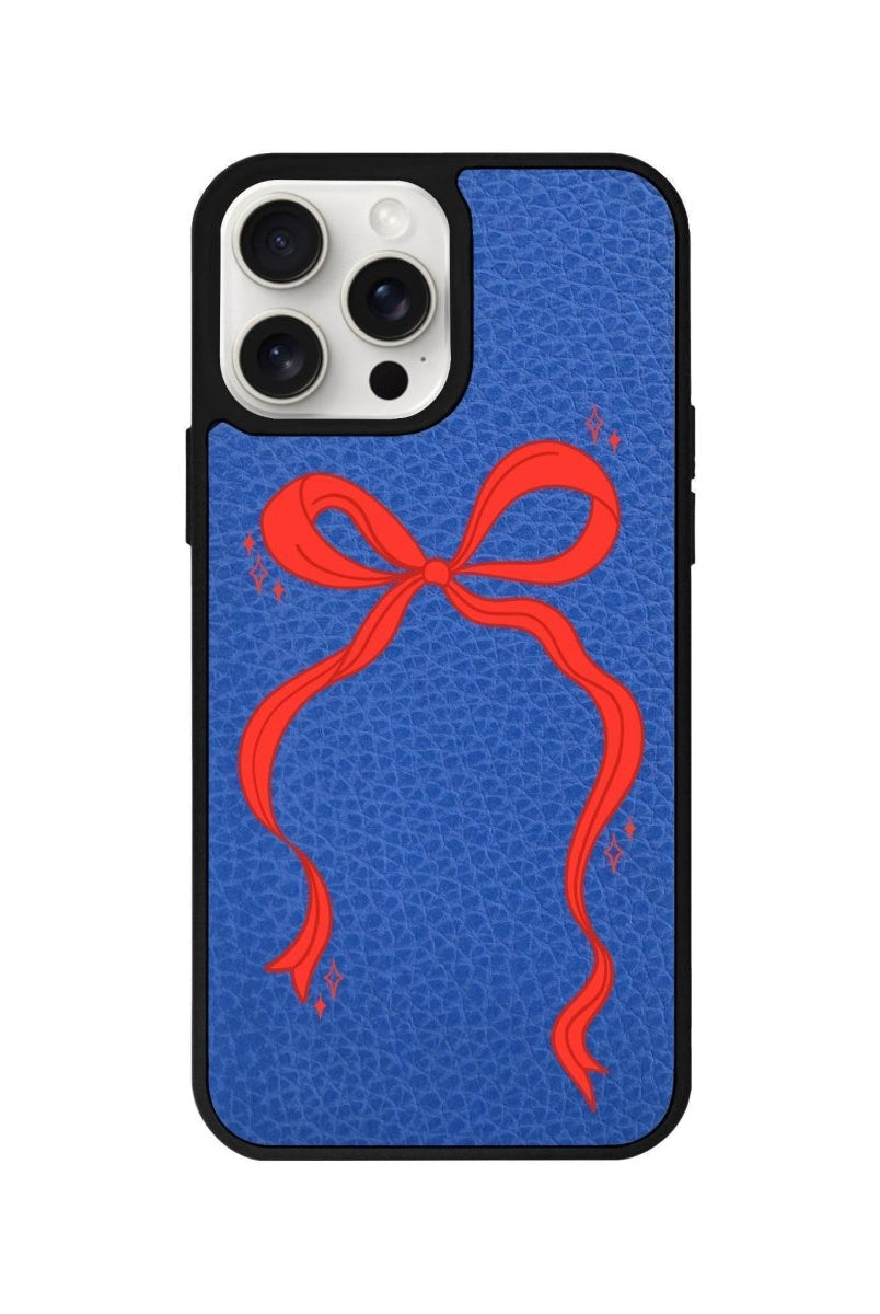 iPhone 14 Plus Red Bow Leather Vegan Deri Telefon Kılıfı Mavi - SUMTHINCS
