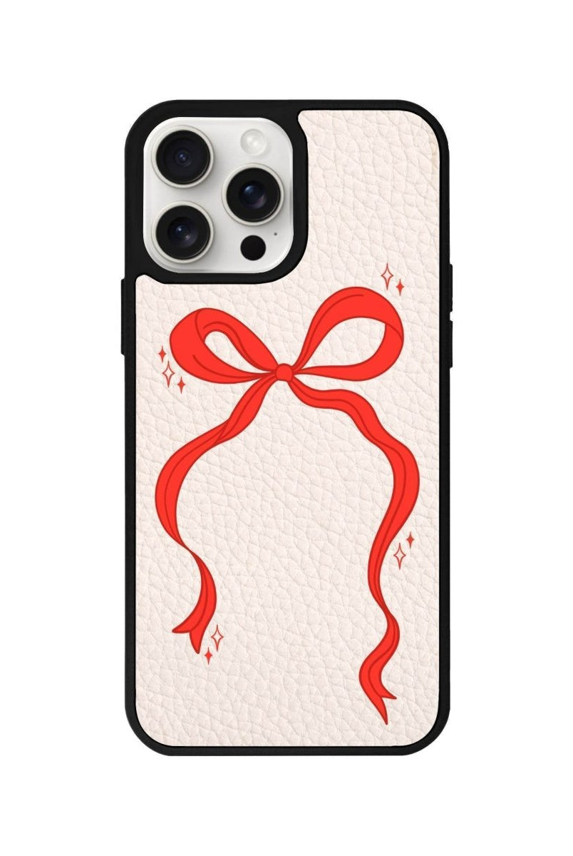 iPhone 14 Plus Red Bow Leather Vegan Deri Telefon Kılıfı Bej - SUMTHINCS