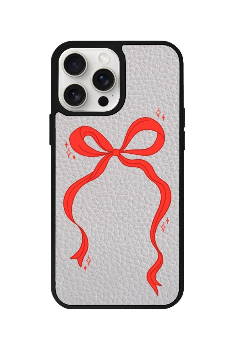 iPhone 14 Plus Red Bow Leather Vegan Deri Telefon Kılıfı Gri - SUMTHINCS