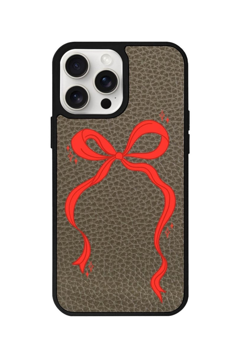 iPhone 14 Plus Red Bow Leather Vegan Deri Telefon Kılıfı Haki - SUMTHINCS