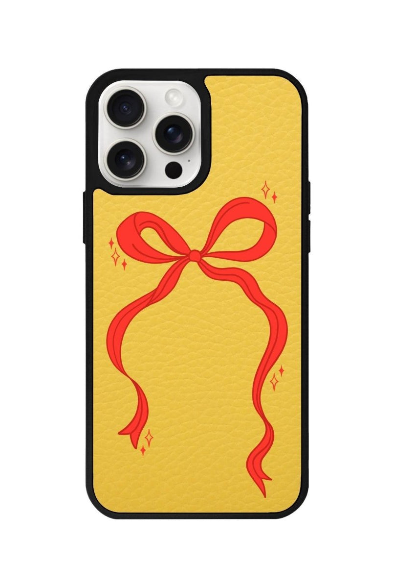 iPhone 14 Plus Red Bow Leather Vegan Deri Telefon Kılıfı Sarı - SUMTHINCS