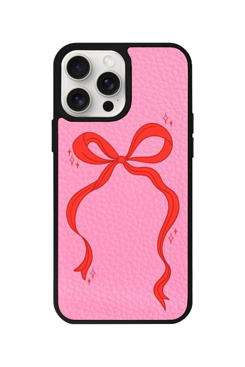 iPhone 14 Plus Red Bow Leather Vegan Deri Telefon Kılıfı Pembe - SUMTHINCS