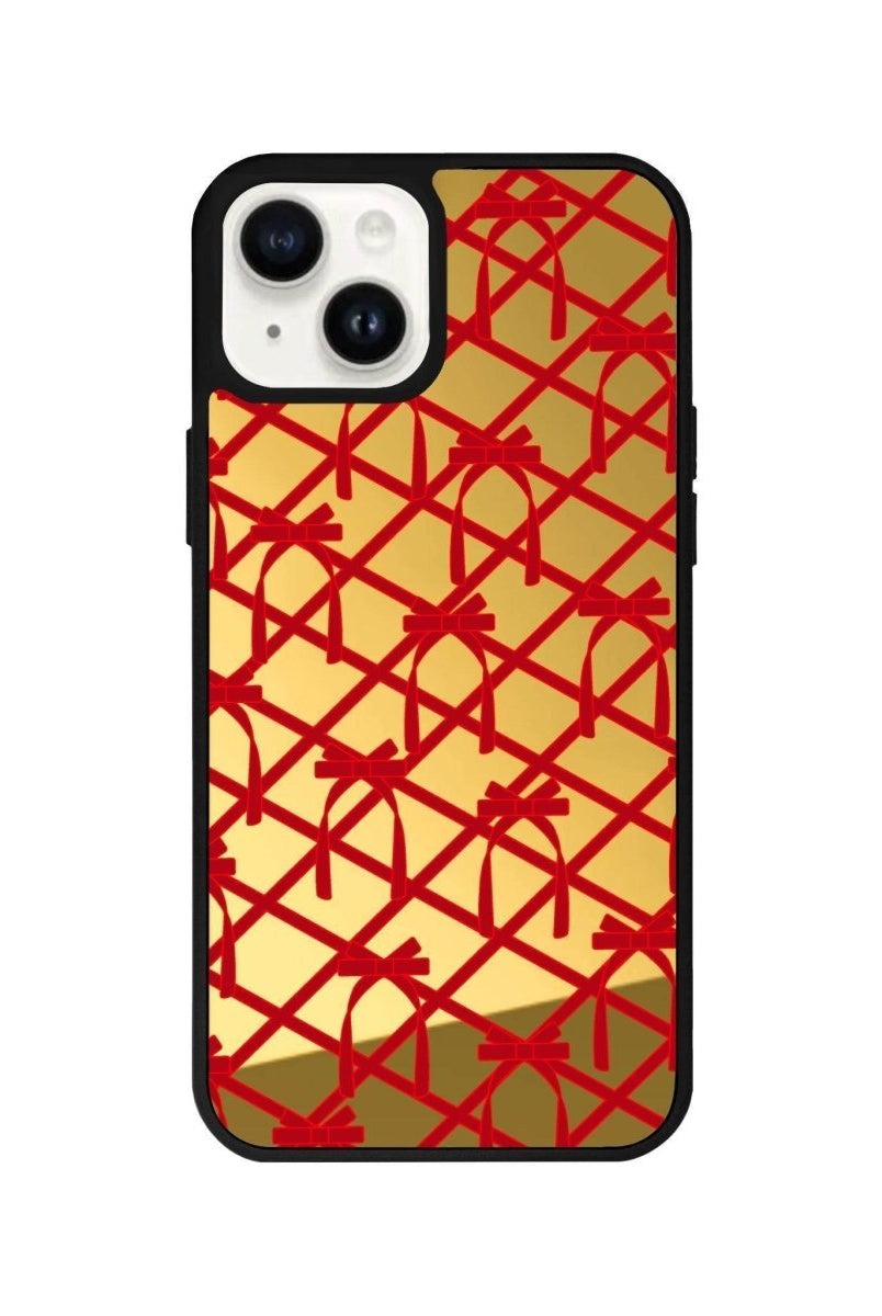 iPhone 14 Plus Ribbon Grid Mirror Aynalı Telefon Kılıfı Altın - SUMTHINCS