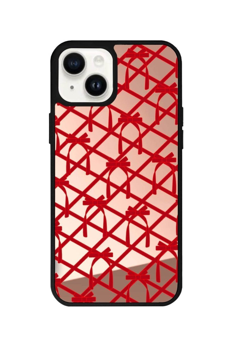 iPhone 14 Plus Ribbon Grid Mirror Aynalı Telefon Kılıfı Metalik Pembe - SUMTHINCS