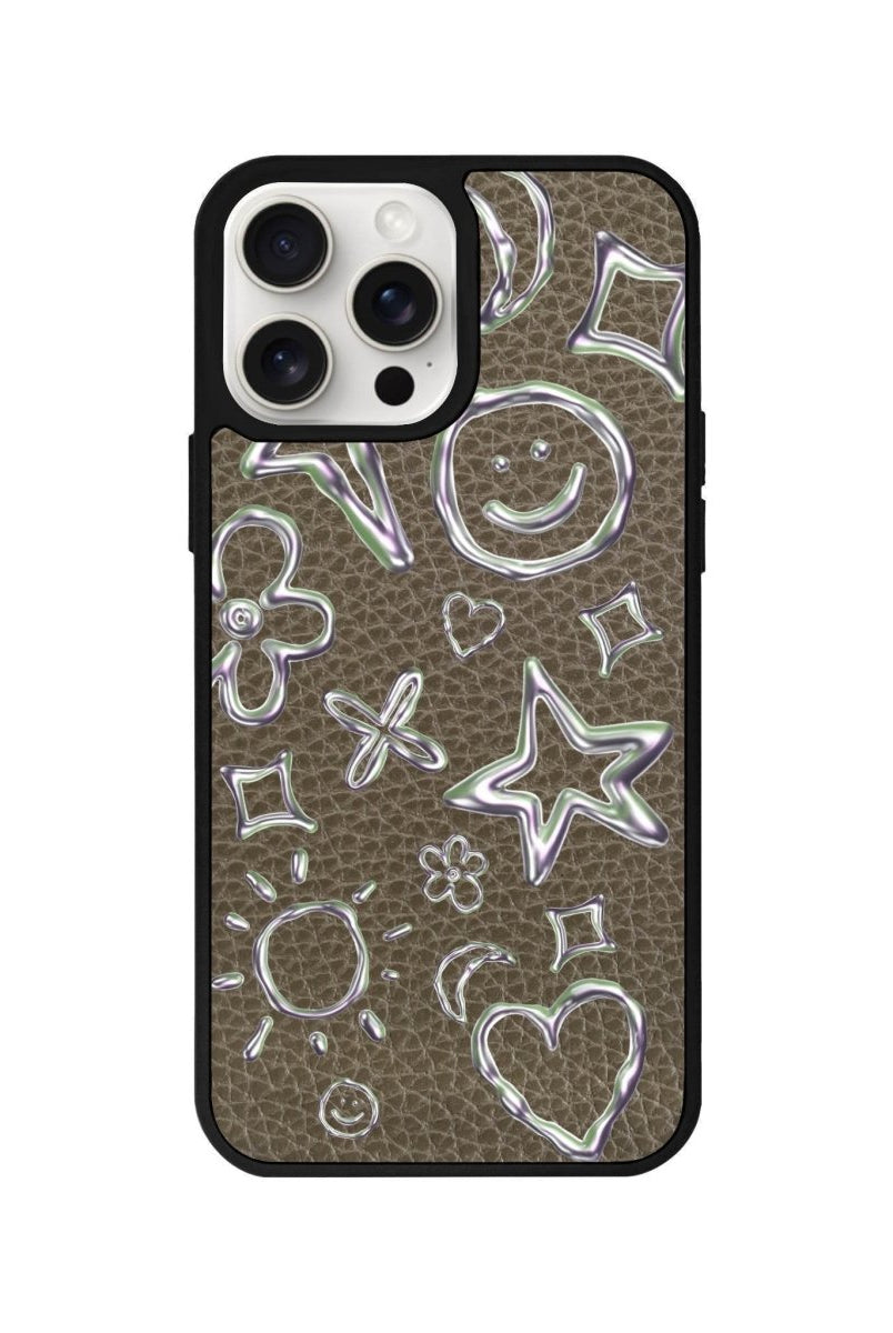 iPhone 14 Plus Silver Doodles Leather Vegan Deri Telefon Kılıfı Haki - SUMTHINCS