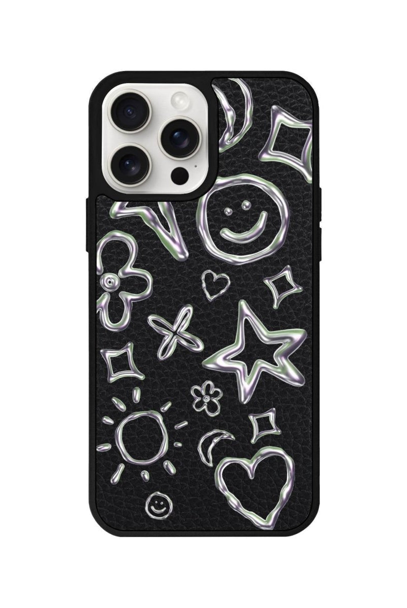 iPhone 14 Plus Silver Doodles Leather Vegan Deri Telefon Kılıfı Siyah - SUMTHINCS