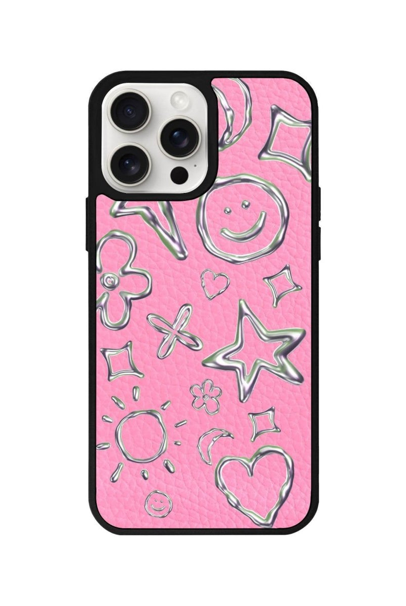 iPhone 14 Plus Silver Doodles Leather Vegan Deri Telefon Kılıfı Pembe - SUMTHINCS