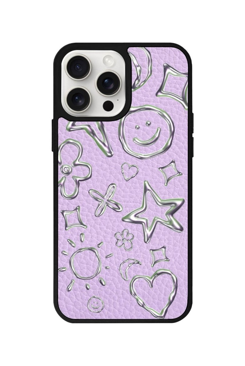 iPhone 14 Plus Silver Doodles Leather Vegan Deri Telefon Kılıfı Lila - SUMTHINCS
