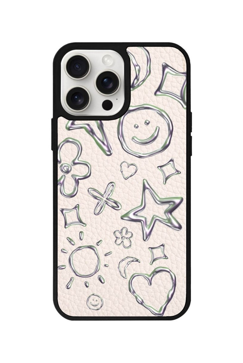 iPhone 14 Plus Silver Doodles Leather Vegan Deri Telefon Kılıfı Bej - SUMTHINCS