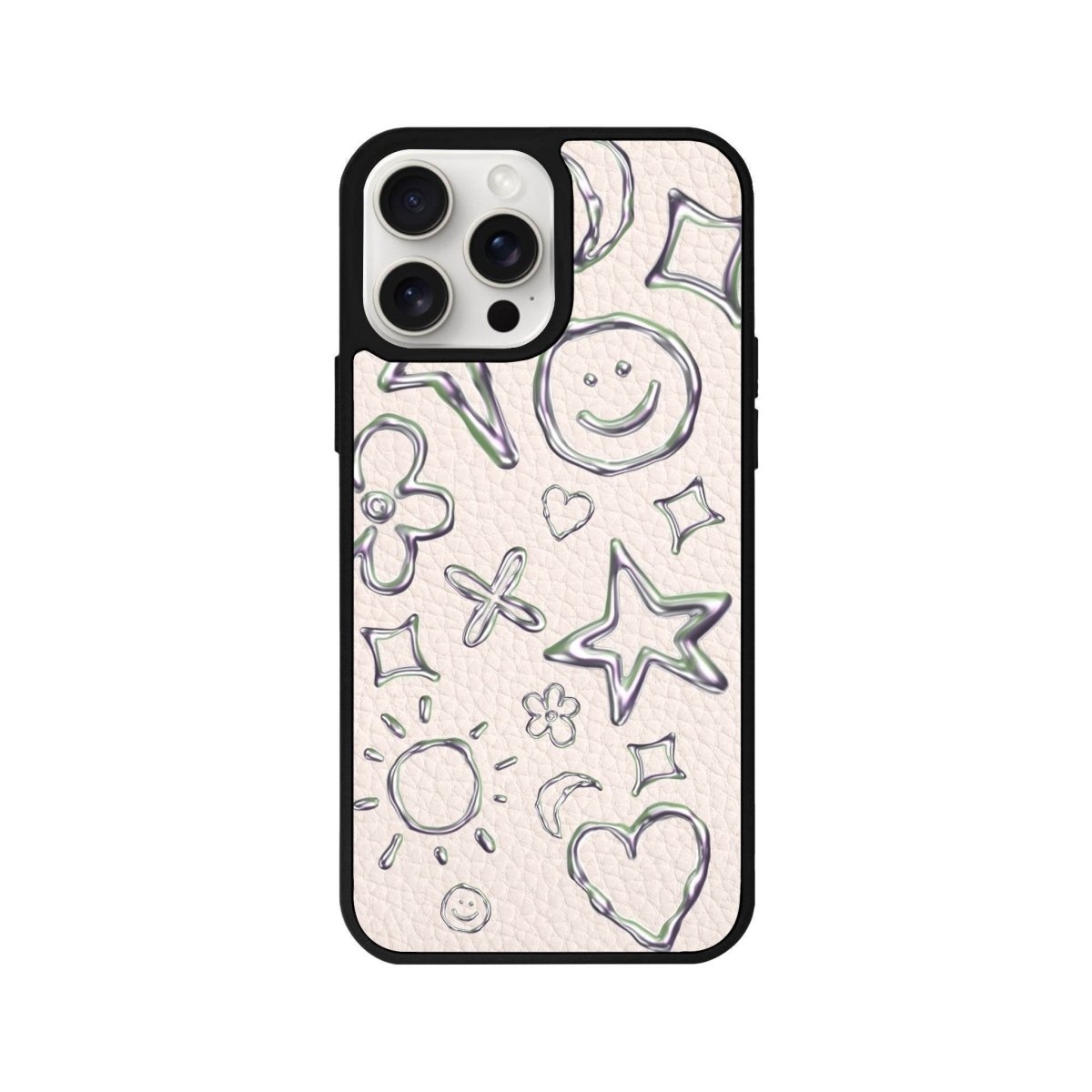iPhone 14 Plus Silver Doodles Leather Vegan Deri Telefon Kılıfı Bej - SUMTHINCS