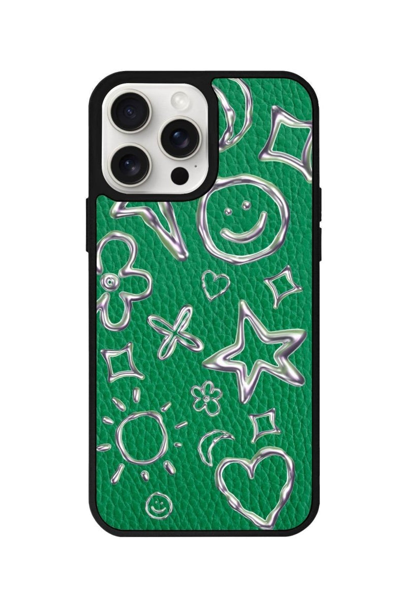 iPhone 14 Plus Silver Doodles Leather Vegan Deri Telefon Kılıfı Yeşil - SUMTHINCS