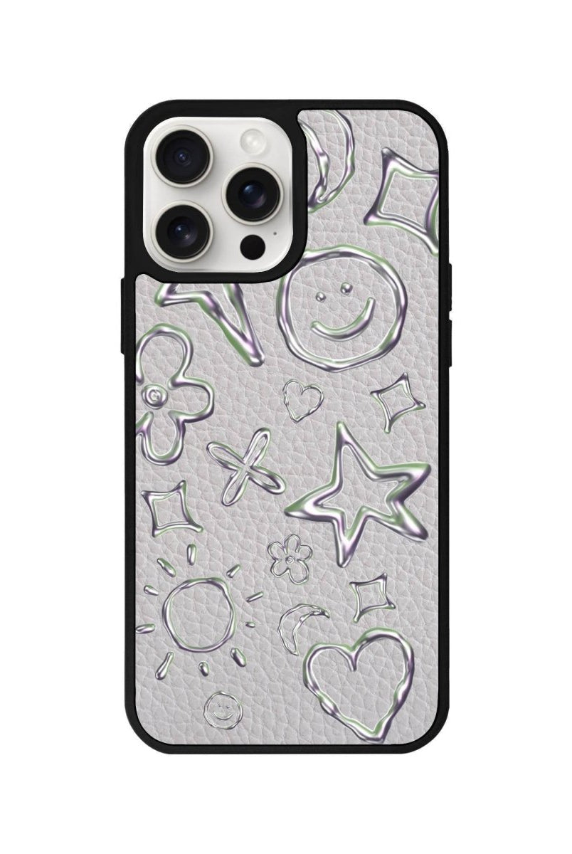 iPhone 14 Plus Silver Doodles Leather Vegan Deri Telefon Kılıfı Gri - SUMTHINCS