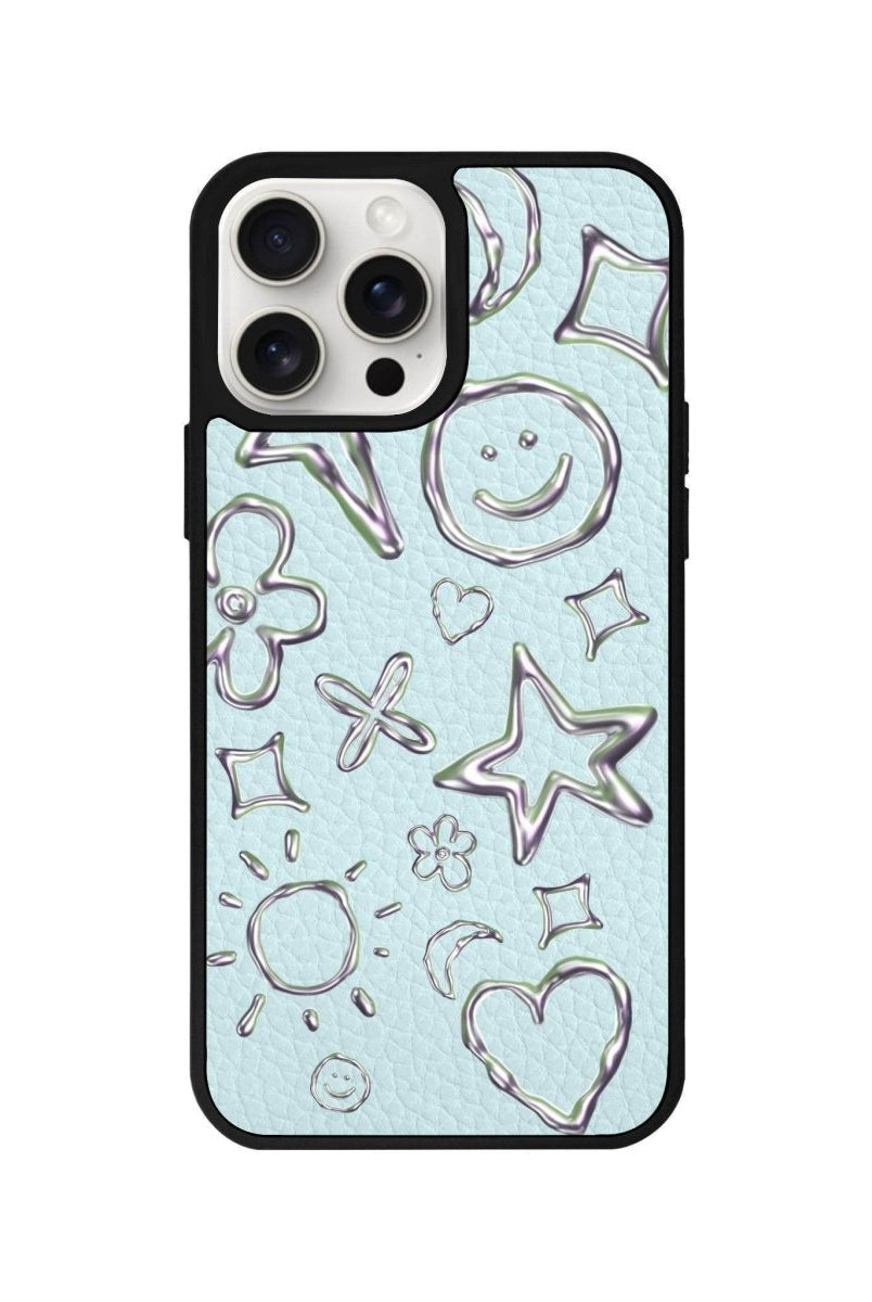 iPhone 14 Plus Silver Doodles Leather Vegan Deri Telefon Kılıfı Açık Mavi - SUMTHINCS