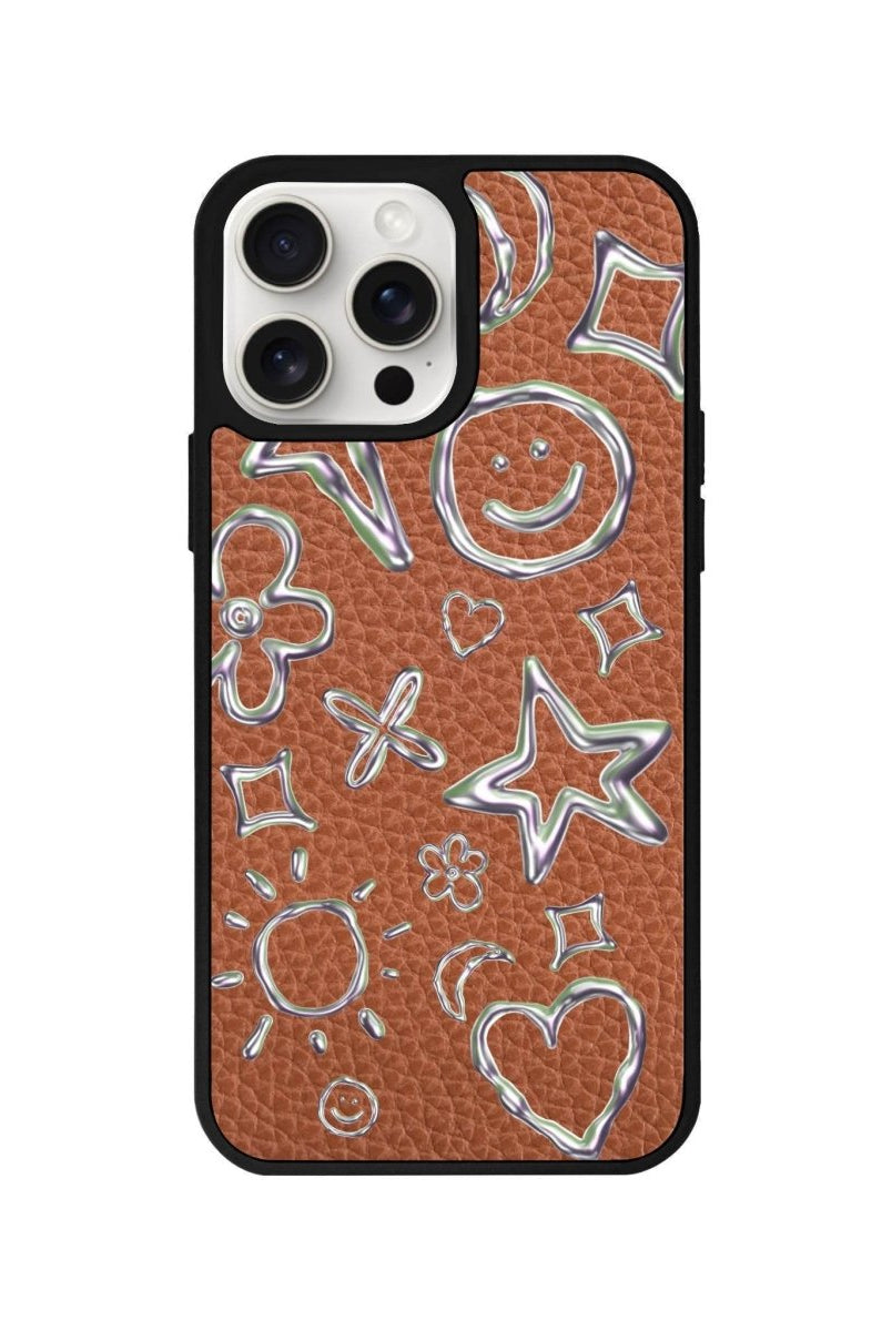 iPhone 14 Plus Silver Doodles Leather Vegan Deri Telefon Kılıfı Kahverengi - SUMTHINCS