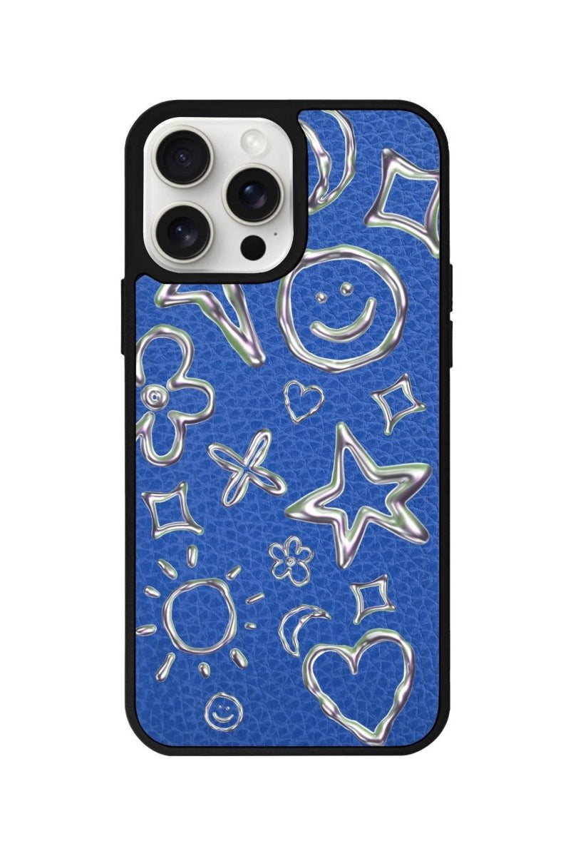 iPhone 14 Plus Silver Doodles Leather Vegan Deri Telefon Kılıfı Mavi - SUMTHINCS