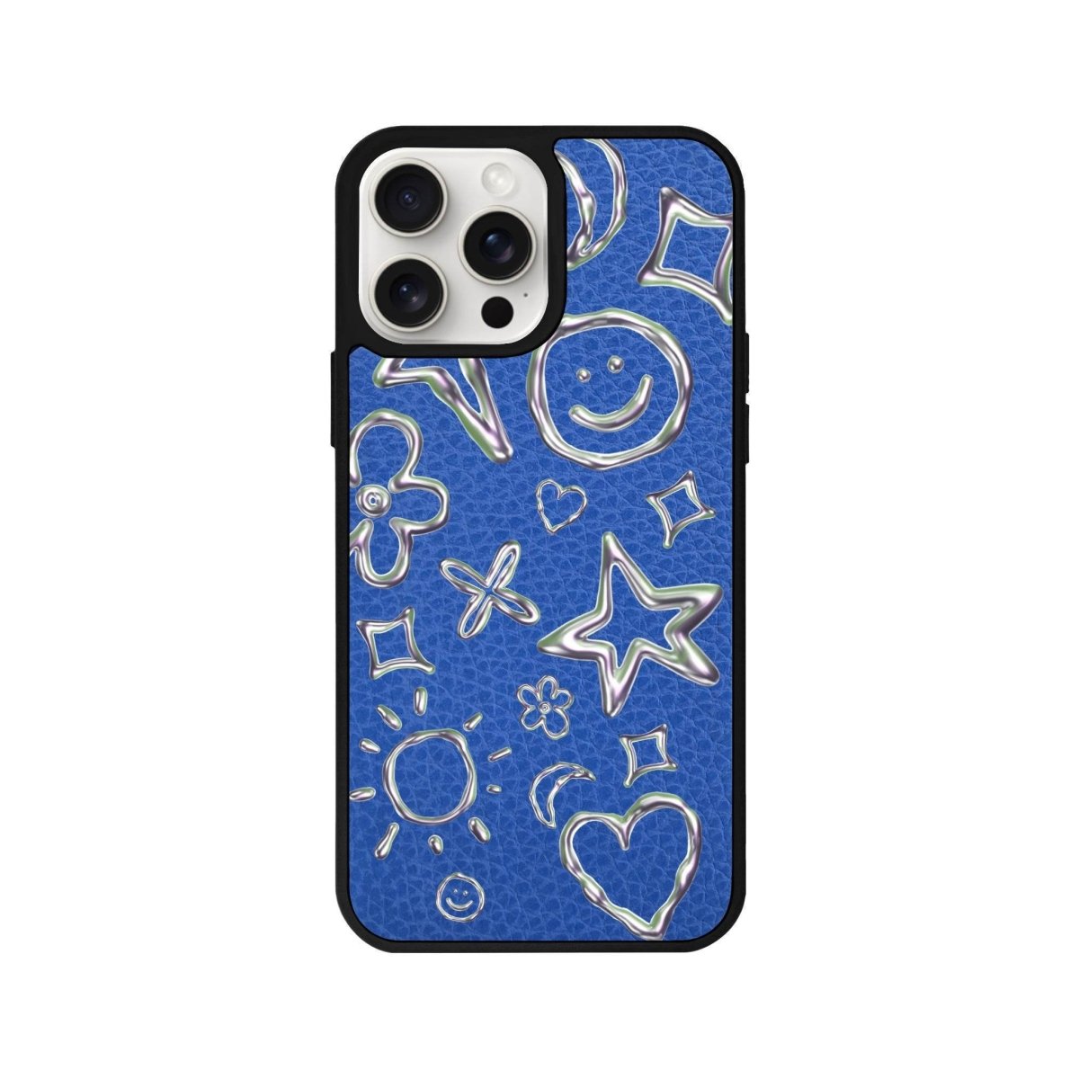 iPhone 14 Plus Silver Doodles Leather Vegan Deri Telefon Kılıfı Mavi - SUMTHINCS