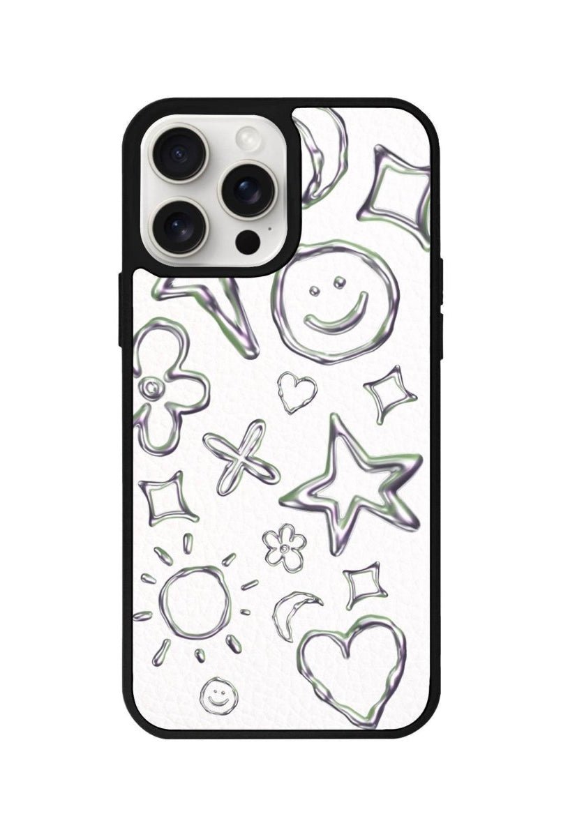 iPhone 14 Plus Silver Doodles Leather Vegan Deri Telefon Kılıfı Beyaz - SUMTHINCS
