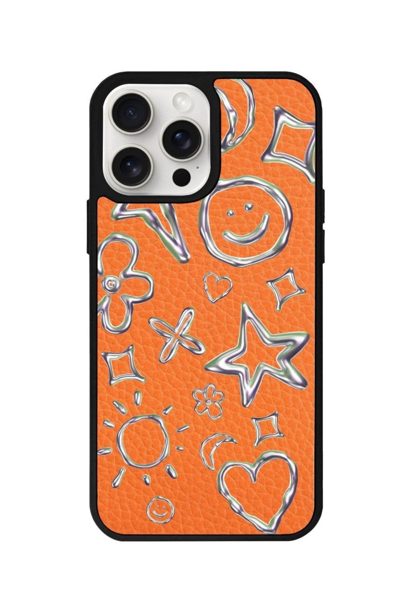 iPhone 14 Plus Silver Doodles Leather Vegan Deri Telefon Kılıfı Turuncu - SUMTHINCS