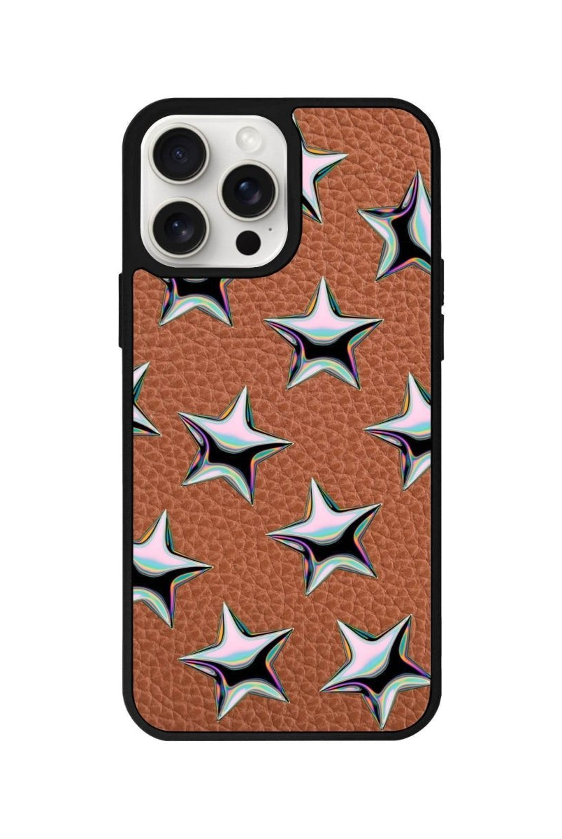 iPhone 14 Plus Stars Leather Vegan Deri Telefon Kılıfı Kahverengi - SUMTHINCS