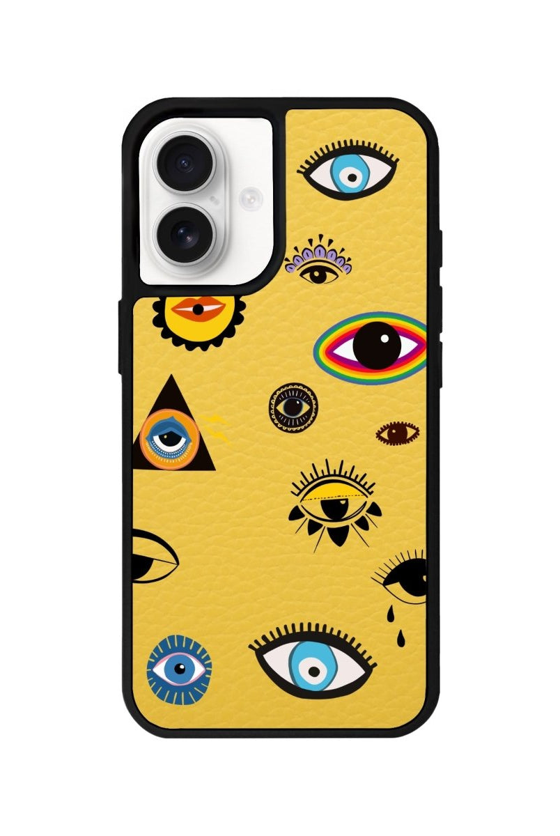 iPhone 16 Eye Stickers Leather Vegan Deri Telefon Kılıfı Sarı - SUMTHINCS