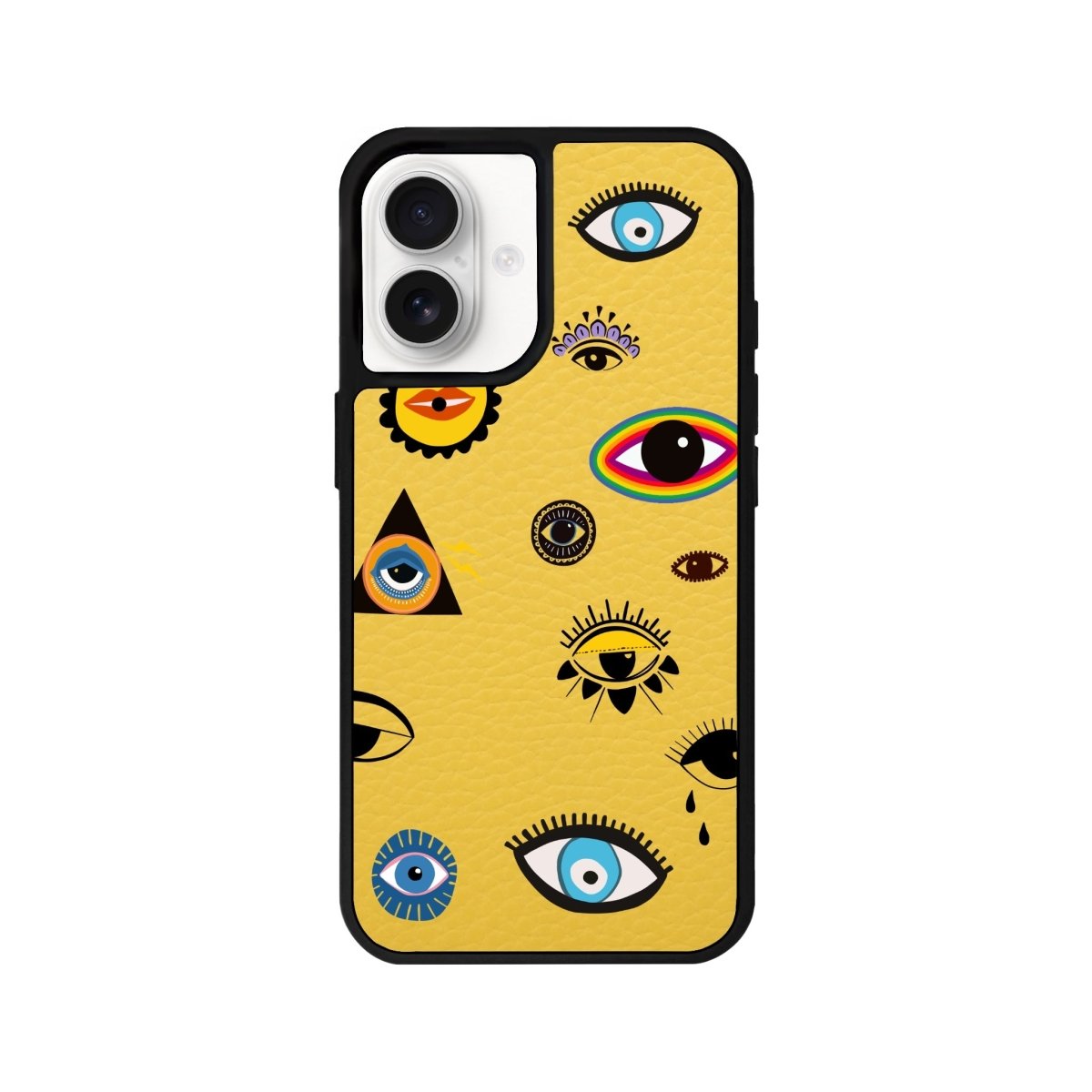 iPhone 16 Eye Stickers Leather Vegan Deri Telefon Kılıfı Sarı - SUMTHINCS
