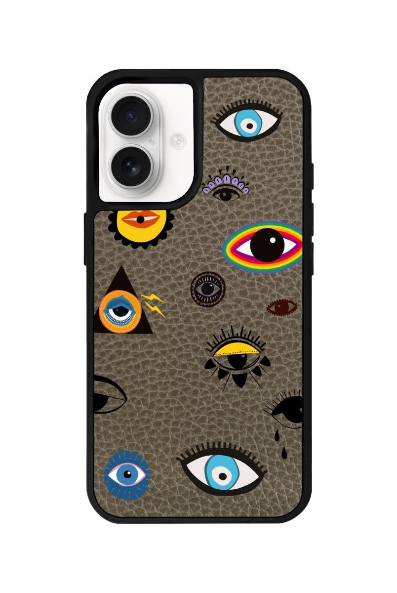 iPhone 16 Eye Stickers Leather Vegan Deri Telefon Kılıfı Haki - SUMTHINCS