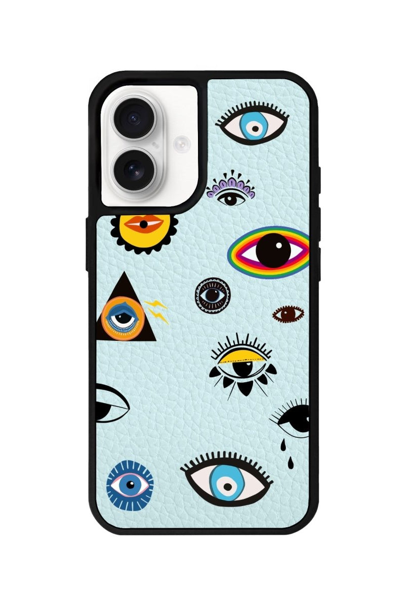 iPhone 16 Eye Stickers Leather Vegan Deri Telefon Kılıfı Açık Mavi - SUMTHINCS