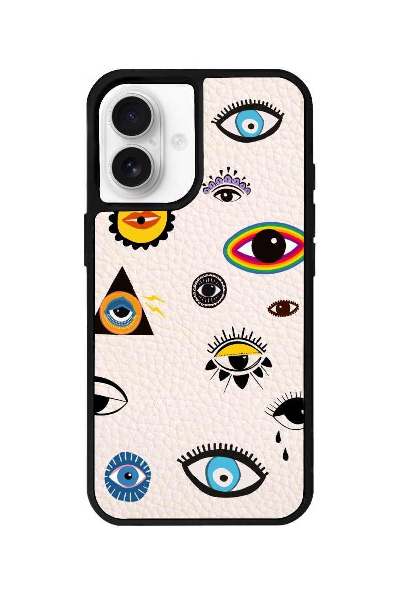 iPhone 16 Eye Stickers Leather Vegan Deri Telefon Kılıfı Bej - SUMTHINCS