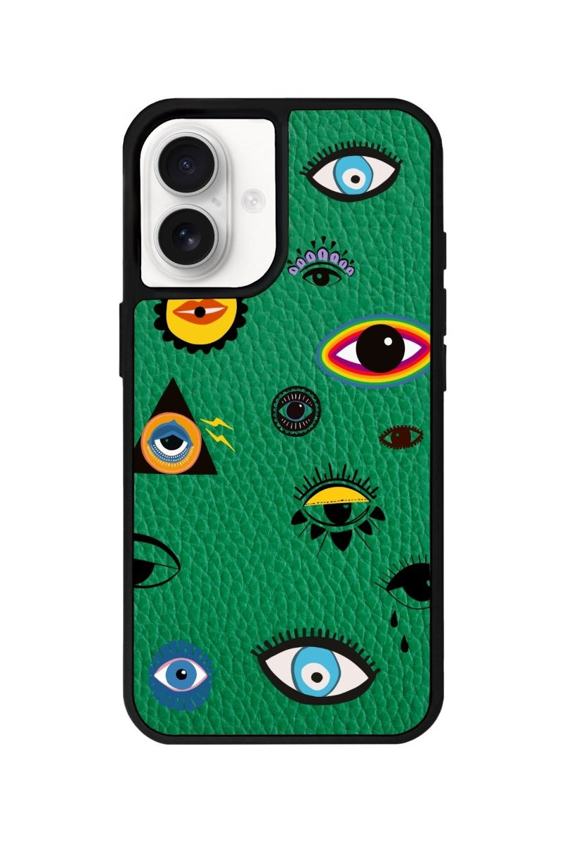 iPhone 16 Eye Stickers Leather Vegan Deri Telefon Kılıfı Yeşil - SUMTHINCS