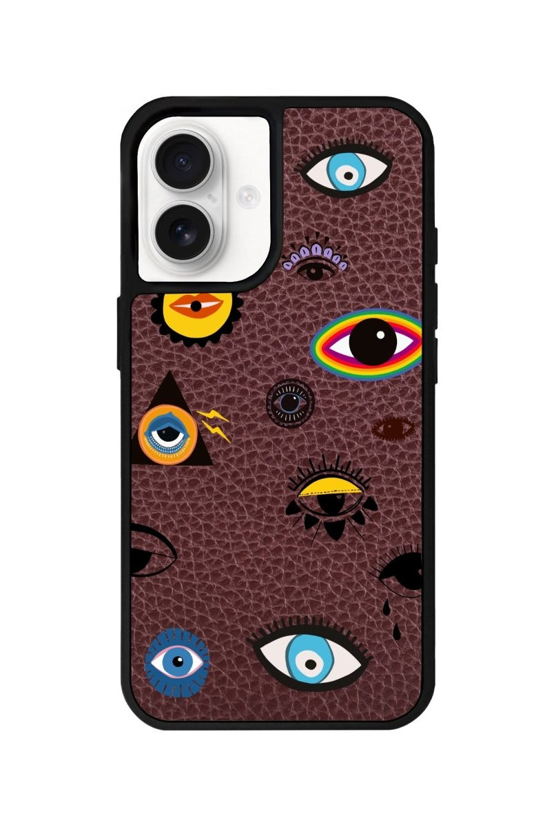 iPhone 16 Eye Stickers Leather Vegan Deri Telefon Kılıfı Bordo - SUMTHINCS