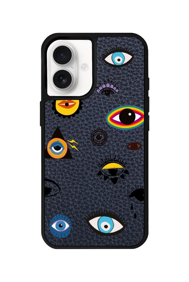 iPhone 16 Eye Stickers Leather Vegan Deri Telefon Kılıfı Pasifik Mavi - SUMTHINCS